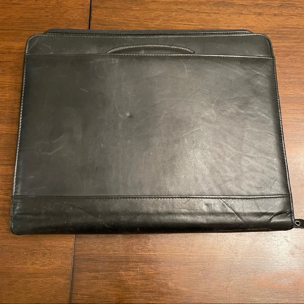 Vintage Monarch Luggage Briefcase Portfolio HIDE-AWAY HANDLES Black Leather Zips